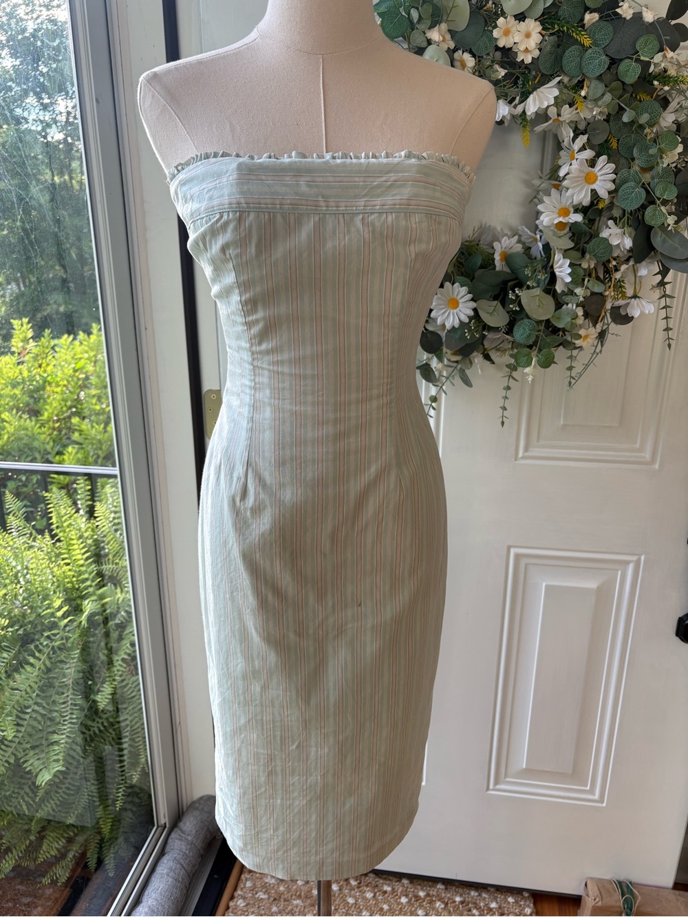 Shoshanna Vintage Y2K Strapless Mint Sheath Dress with Pastel Stripes